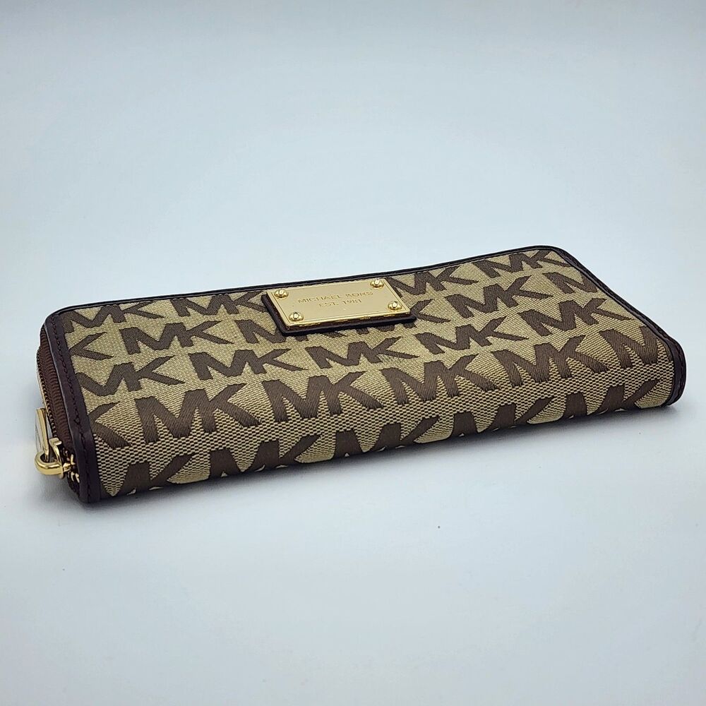 Michael Kors Signature MK Logo Jacquard Brown Tan Continental Zip Wallet - Picture 3 of 8